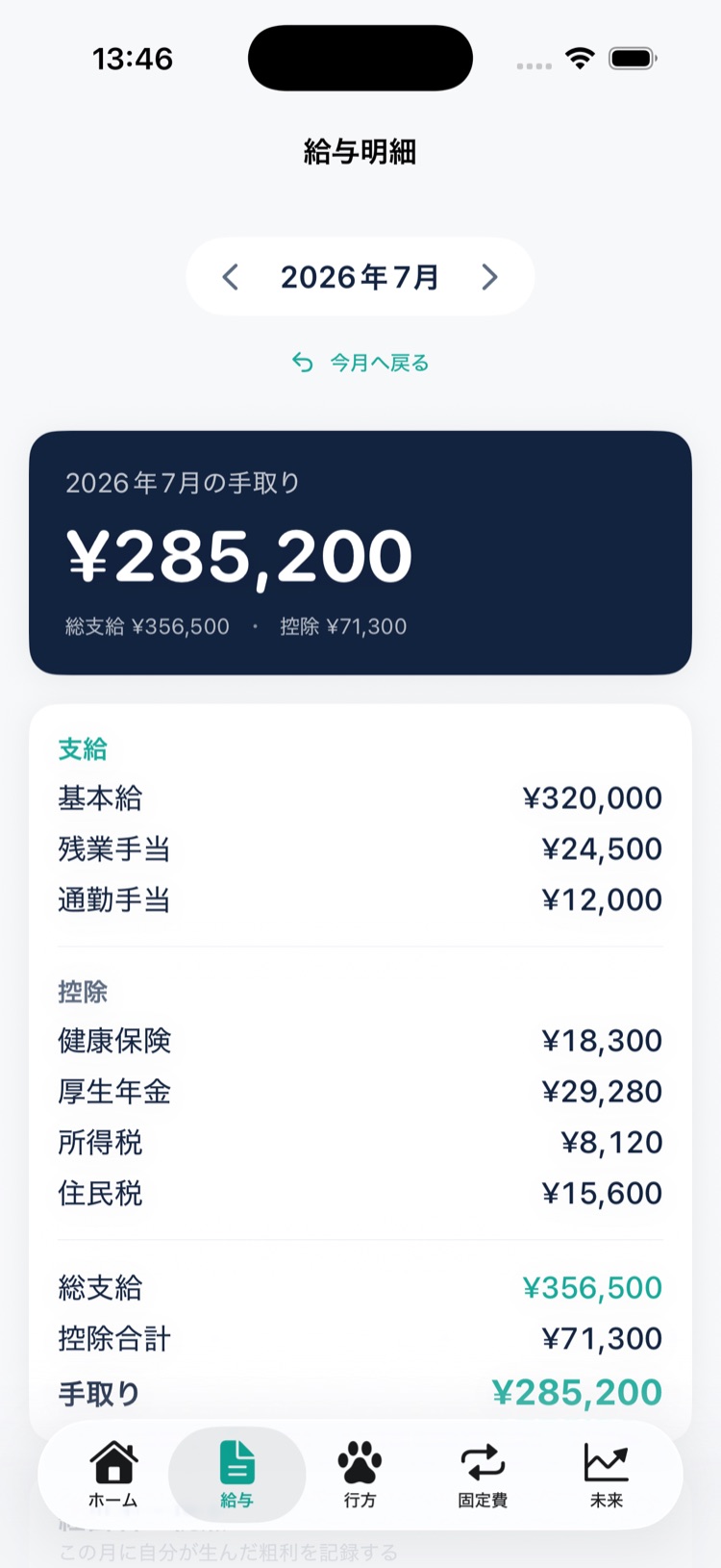 給与明細。支給と控除の内訳